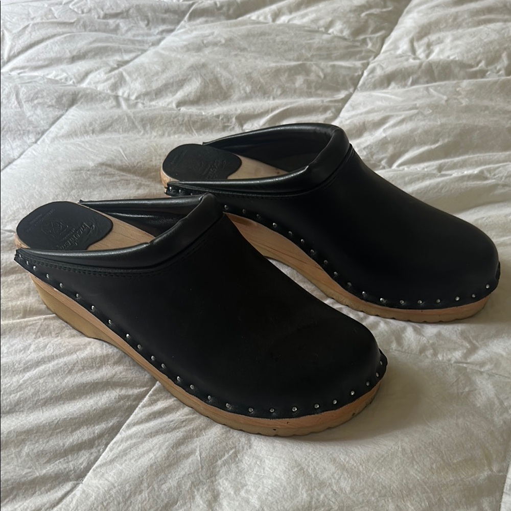 Black Leather Platform Clog Mules with Stud Trim
